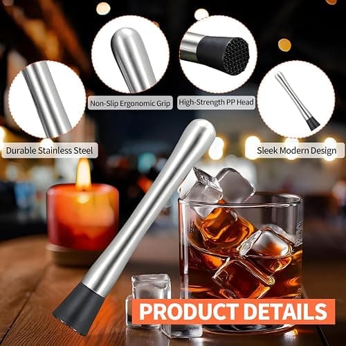 Muddler for Cocktails,8" Stainless Steel Cocktail Muddler for Lemonade, Lemon Smasher Bartender Accessories, Crushes Ice,Fruits & Herbs, Bartender Tool for Home,Bar Use,Lemonade stand supplies thumbnail 3