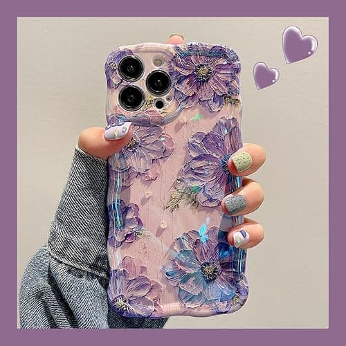 EYZUTAK Case for iPhone 12, Colorful Retro Oil Painting Printed Flower Laser Glossy Pattern Cute Curly Waves Border Exquisite Phone Cover Stylish Durable TPU Protective Case for Girls Women - Purple thumbnail 9