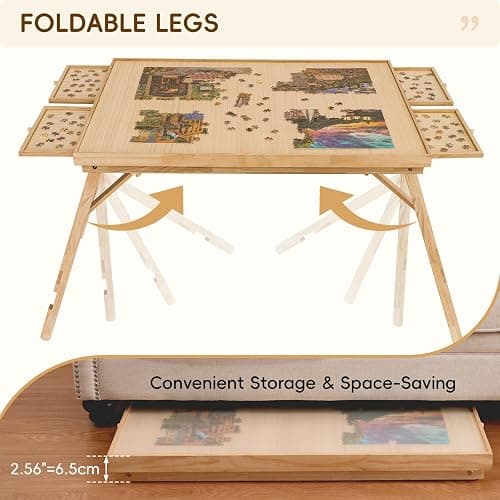 TEAKMAMA 27.6" H Tall 2000 Piece Puzzle Table with Legs, 41" W x 28.5" D Large Wood Folding Jigsaw Puzzle Board with Cover for Adults, 4 Drawers, Nature thumbnail 3
