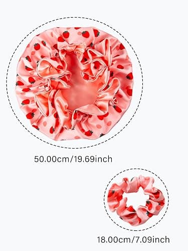 Vettres Floral Satin Bonnet with Scrunchie Set,Double Layer Ruffle Reusable Sleeping Shower Cap for Curly Hair Pink-bow thumbnail 7