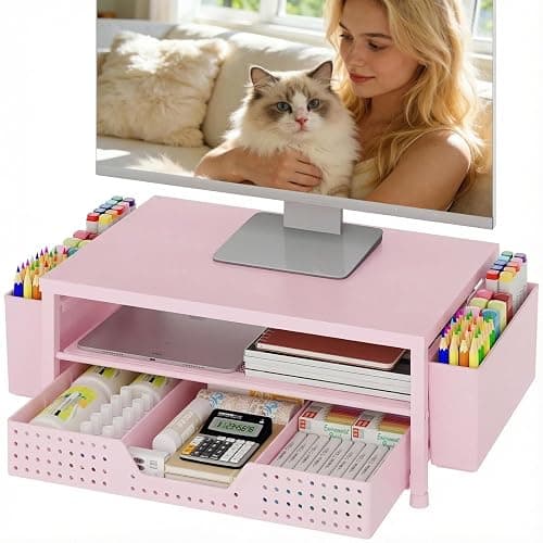 OPNICE Desk Organizers and Accessories, 2-Tier Computer Monitor Stand Riser with Drawer and 2 Pen Holders, Laptop Stand, Office Desk Accessories for Office Supplies, Pink - Image 1