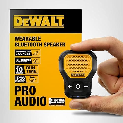 DEWALT Wearable Bluetooth Speaker (Updated Version), Clip-On Wireless Jobsite Pro Water-Resistant Portable Speaker (Non-Magnetic), Built-in Mic for Hands-Free Music/Calls, Bluetooth Speaker (Yellow) thumbnail 10