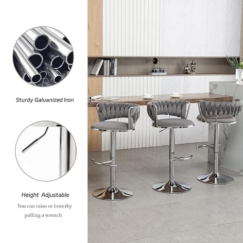 Riknuxi Velvet Bar Stools Set of 4, Counter Height Barstools with Low Back, Swivel Bar Stool for Kitchen Island, Pub (Grey) thumbnail 4