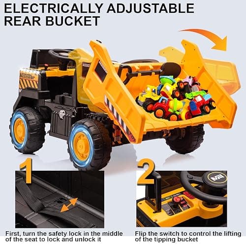 Kidsera 24V Ride On Dump Truck, 24inch-2 Seater Ride On Car for Kids w/Remote Control 4WD/2WD Up to 5 Mph, 24v Ride on Toys for Big Kids w/Electric Dump Bed Extra Shovel Traffic Cones (Yellow) thumbnail 4