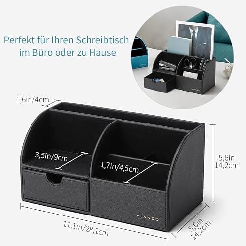 Vlando Desk Organiser with Drawer, Leather Office Stationery Desk Organiser, Multifunctional Desk Pen Organiser, Remote Control Holder, Black thumbnail 3