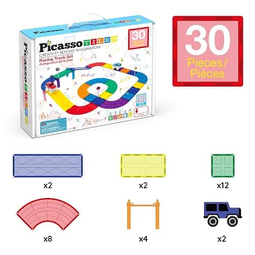 PicassoTiles Magnetic Tiles Race Track Car Thrilling Toy Playset Includes 2 Racing Trucks STEM Educational Magnet Tile Building Block Construction Set for Toddlers Boys Girls Ages 3 and Older PTR30 thumbnail 7