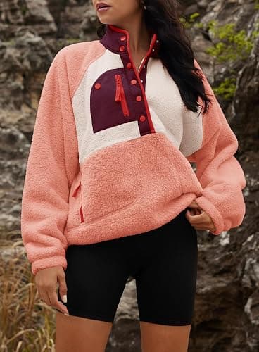 Yanekop Womens Fuzzy Fleece Pullover Sherpa Sweatshirt Long Sleeve Button Down Sweater Winter Fleece Jacket with Pockets thumbnail 3