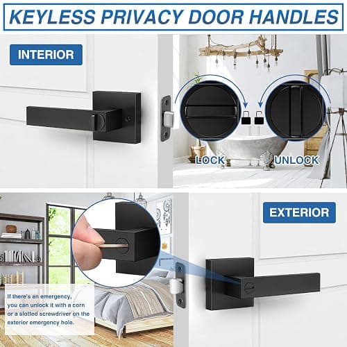 Plustool 8 Pack Matte Black Door Handles, Keyless Interior Door Knobs, Privacy Door Lever Locksets for Bedroom Bathroom, Heavy Duty Square Door Lock (2.0lb), Reversible for Left&Right Handled Doors thumbnail 4