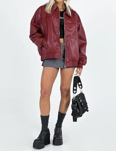 EsheSy Women's Oversized Leather Jacket Faux Suede Boyfriend Motorcycle Full Zip Bomber Jacket thumbnail 5