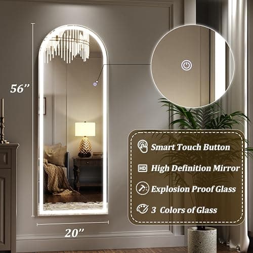 ZENOMIRRIS LED Arched Full Length Mirror with Lights 63"x20" - Lighted Floor Mirror with Dimming & 3 Color Lighting, Aluminum Frame Standing Leaning or Hanging for Bedroom Cloakroom White thumbnail 2