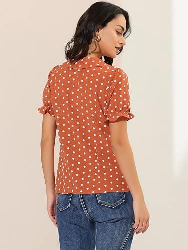 Allegra K Women's Polka Dots Shirt Short Puff Sleeve Vintage Button Up Peter Pan Collar Blouse Tops thumbnail 5