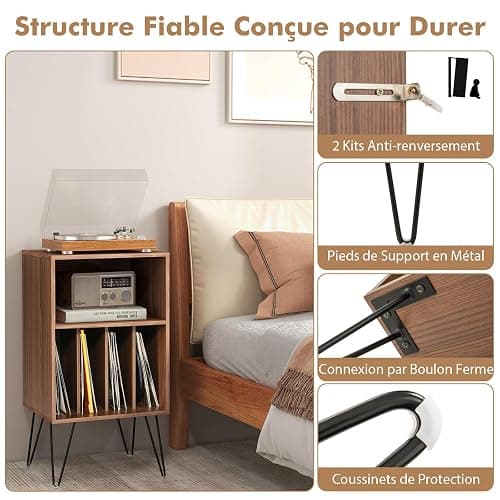 COSTWAY Meuble Tourne-Disque Vinyle avec Prise, Support Tourne-Disque pour Albums avec Station de Charge, 2 Prises, 1 USB,1 Type-C, Pieds en Métal, Table d’Appoint pour Salon Chambre (Noyer) thumbnail 6