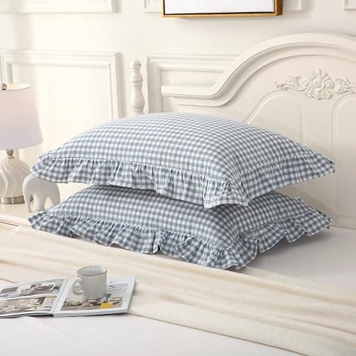 Silnuo Light Blue Plaid Ruffle Pillow Shams Queen Size Set of 2,Washed Cotton Shabby Checkered Gingham Pillow Covers 20x30 Inches thumbnail 3
