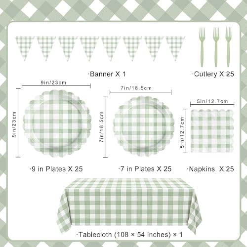 102 PCS Sage Green Gingham Party Supplies - Scalloped Plates, Napkins, Cups, Forks, Banner, Gingham Tablecloth for Baby Shower, Wedding, Birthday, Serves 25 thumbnail 3
