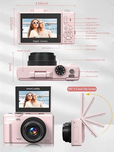 Digital Camera for Photography, 4K Vlogging Camera for YouTube 3" 180° Flip Screen 18X Digital Zoom Compact Cameras with 32GB TF Card & 2 Batteries, Pink thumbnail 8