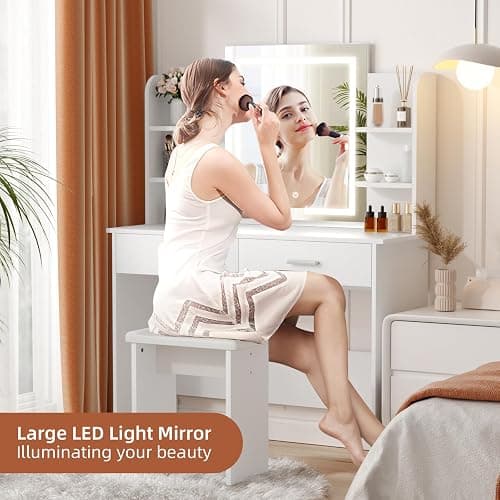 SMOOL Vanity Desk with Lighted Mirror - Makeup Vanity Table with 3 Color Light Options Adjustable Brightness, Vanity with 6 Storage Shelves, 2 Large Drawers, Vanity Set for Girls Women, White thumbnail 4