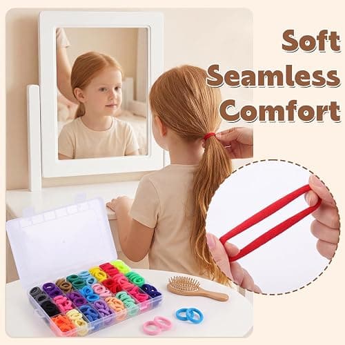 200 Pcs Baby Hair Ties with Organizer Box, Cotton Seamless, 24 Colors | Soft cotton seamless bands, gentle stretch, sorted storage box, for baby and toddler ponytails, braids, daily styling thumbnail 5