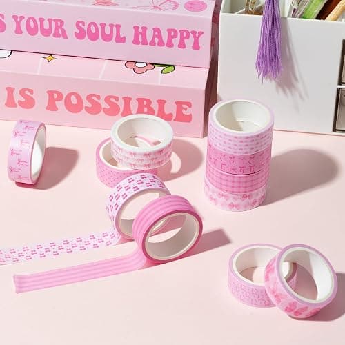 BkeeCten 12pcs Pink Bow Washi Tape, Trendy Watercolor Pink Bow Cherry Preppy Aesthetic Decorative Tape, Cute Bowknot Heart Buffalo Plaid Artistic Tape for DIY Craft Scrapbook Wrapping Decor thumbnail 6