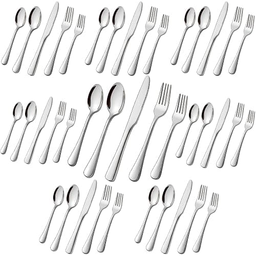 suoundey 40pcs Stainless Steel Silverware Set for 8, Kitchen Cutlery Set, Mirror Polished Forks Knives and Spoons Set for Home and Restaurant, Rust Resistant Eating Tableware Set - Silver - 40 - Image 1