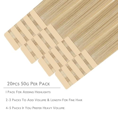 WENNALIFE Tape in Hair Extensions Human Hair, 20pcs 50g 18 inch Light Blonde Highlighted Golden Blonde Remy Hair Extensions Straight Human Hair Tape in Extensions Skin Weft thumbnail 2