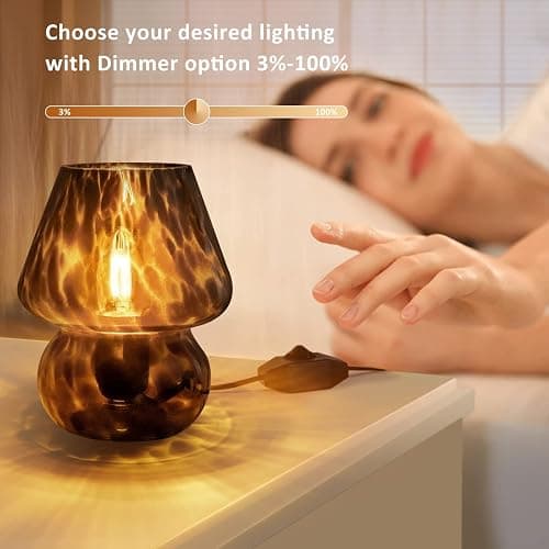 ONEWISH Mushroom Lamp Small Vintage Table Lamp for Bedroom Nightstand, Bedside Lamp Translucent Glass Stepless Dimmable, Murano Aesthetic Home Decor for Living Room Kitchen(Black) thumbnail 2