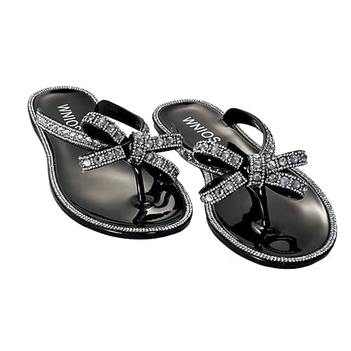 WnioJbobss Womens Flat Sandals Jelly Flip Flops Crystals Rhinestones Bow Knot Glitter Sandals thumbnail 4