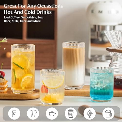 INSETLAN Ribbed Drinking Glasses Set of 12 – 6 Highball Glasses 12oz, 6 Rocks Cocktail Glasses 8oz – Everyday Glassware, Glass Cups for Iced Coffee, Cocktails, Whiskey, Water & Beer, Stackable thumbnail 4