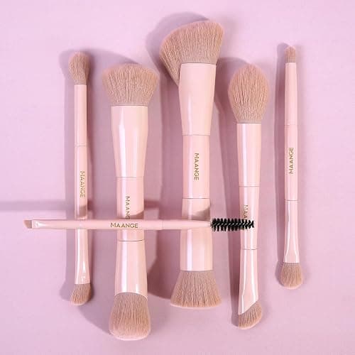 MAANGE Makeup Brushes Set, 6Pcs Premium Double-Ended Makeup Brush Foundation Contour Blush Highlight Blending Concealer Eyeshadow Brush Set Professional Make Up Brush Set (Pink) thumbnail 8