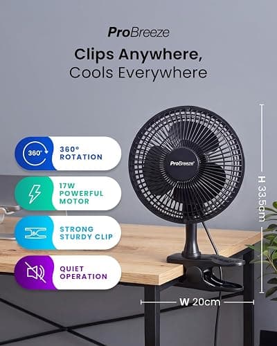 Pro Breeze PowerCool 360 – 6 Inch Quiet Clip On Desk Fan, Small & Powerful Table Fan with Strong Clamp, Plug In Mains Powered, 2 Speeds, 360° Adjustable Head for Bedroom, Office, Cot & Home thumbnail 2