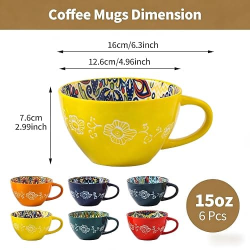 TAUFIKT Coffee Mug Set of 6, 15 oz Boho Coffee Mug Ceramic with Handle, Porcelain Tea Cups Set, 6 Pcs Coffee Cups for Cappuccino and Latte, Microwave & Dishwasher Safe, Ideal Gift for Family/Friend thumbnail 3
