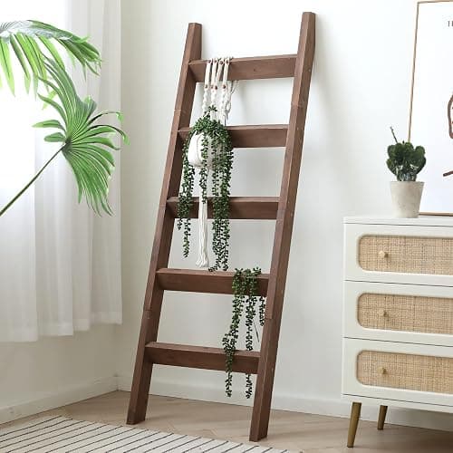 FUIN 5ft (58") Wood Blanket Ladder Living Room Decorative Wall Leaning Farmhouse Quilt Display Holder Storage Rustic Wooden Towel Rack for Bathroom, Brown thumbnail 6