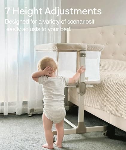 Fodoss Baby Bassinets Bedside Sleeper - All Mesh Bedside Bassinet with Wheels, 7 Height Adjustable Baby Bassinet for Infants, Beige thumbnail 5