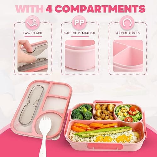 EASYFUN Bento Box Adult, Lunch Box, 4-Compartment Lunch Containers, Drop-Proof, Dishwasher Safe & Made with BPA-Free Materials (Pink) thumbnail 7