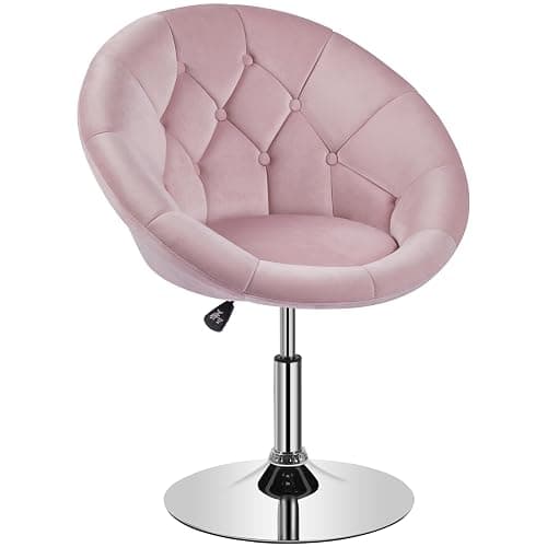 Yaheetech Living Room Vanity Chair Makeup Velvet Round Tufted Back Swivel Accent with Chrome Frame Height Adjustable for Room, Bedroom, Pink - Image 1