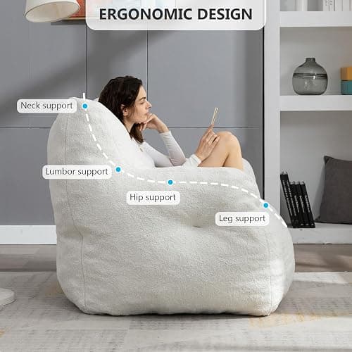 Hison Bean Bag Chairs for Adults and Kid Teddy Fabric Fluffy and Lazy Sofa Filled with Memory Sponge BeanBag Sofa with Armrests for Living Room,Bedroom(White) thumbnail 5