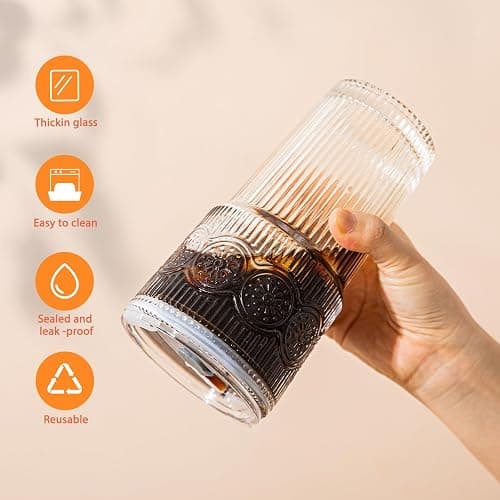 SoulTimes 20oz Ribbed & Floral Glass Tumbler Set of 2 – Reusable Glass Cups with Lid and Glass Straw, Iced Coffee Cups for Water, Smoothie, Milk, Cocktail & More – Perfect for Daily Use & Travel thumbnail 4