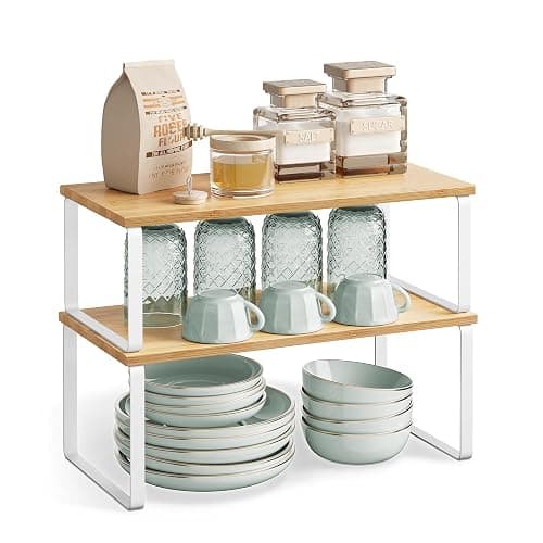 SONGMICS Cabinet Organizer Shelf, Set of 4 Kitchen Counter Shelves, Kitchen Storage, Spice Rack, Stackable, Expandable, Metal and Engineered Wood, Cloud White and Natural Beige UKCS210W01 thumbnail 8