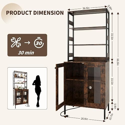 Amenitlif Kitchen Pantry Cabinet with LED Lights & Power Outlet, 66.9" H Kitchen Bakers Rack with Storage Shelves, Bar Cabinet with Glass Doors for Dining Room, Living Room, Hallway thumbnail 2