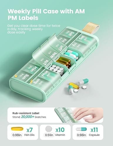 Weekly AM PM Pill Organizer 7 Day, Large 2 Times a Day Pill Box Case with Carry Handle, Moisture-Proof Desiccant & Secure Easy-Open Lids for Vitamins and Supplements thumbnail 3
