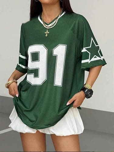 Fronage Women's Y2K Number 91 Print Jersey Oversized Baseball Jersey Short Sleeve Tops Streetwear T Shirt Aesthetic Clothes thumbnail 2