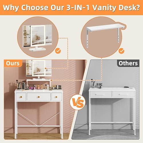 HIGDBFE Small Makeup Vanity Desk 27.5''W with Mirror and Lights, Vanity Desk with 3 Fabric Drawers and Height-Adjustable Stand, Vanity Table for Girls Gifts, Bedroom and Small Spaces, White thumbnail 6