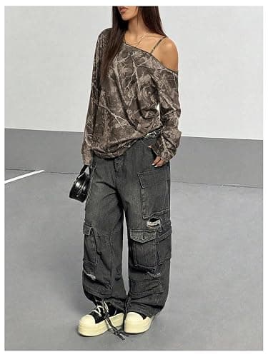 SOLY HUX Women's Camo T-Shirts Long Sleeve Cold Shoulder Loose Tee Shirts Vintage Streetwear thumbnail 5