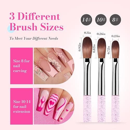 MelodySusie 3Pcs Acrylic Nail Brush Set, Sizes 8/10/14 - Professional Nail Art Tool for Acrylic Application, Powder, Extension & 3D Carving, Pink thumbnail 4