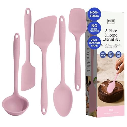 GIR 5-Piece Silicone Kitchen Utensils Set, Non-Toxic Cooking Utensils for Cooking and Baking, Heat Resistant, Food Grade, Dishwasher Safe Rubber Spatula, Ladle, Spoon - Rose - Image 1