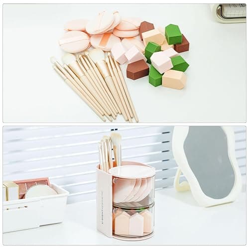 FABROK 2-Layer Clear Hair Accessories Organizer with Hair Brushes Holder, Rotatable Small Jewelry Box for Necklaces、Earring, Desktop Organizer Case for Hair Accessories, Cotton Swab(Pink) thumbnail 6