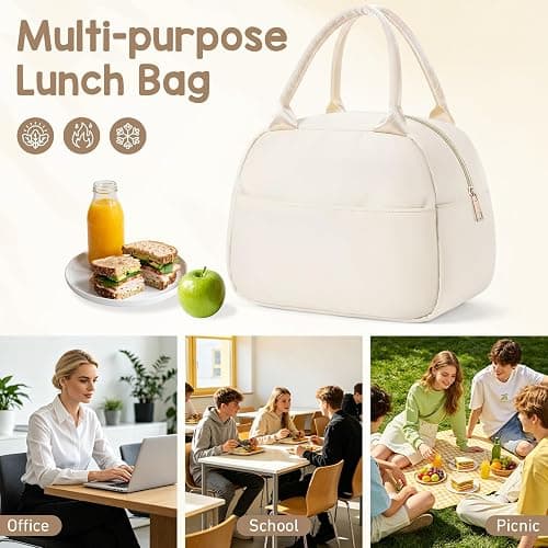 Cunno Insulated Nylon Lunch Bag for Women Man Adult Lightweight Cream Food Box Leakproof Cooler Food Containers Reusable Large Capacity Water Resistant Lunch Bag for Work Picnic or Travel thumbnail 7
