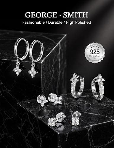 GEORGE · SMITH 4 Pairs Moissanite Earrings Set for Women 925 Sterling Silver Hypoallergenic Stud and Huggie Hoop Earrings Dainty Ear Stack Cartilage Earrings for Multiple Piercings Gift thumbnail 3