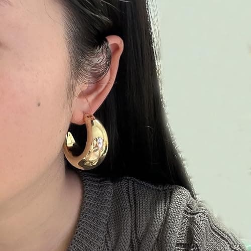 Chunky Gold Hoop Earrings Thick Half Open Hoop Huggie Earring for Women thumbnail 2