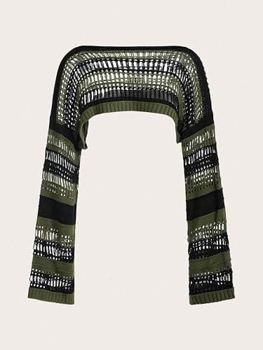 SHENHE Women's Crochet Shrugs Striped Long Bell Sleeve Baggy Knit Sweater Crop Top Fairy Party thumbnail 2