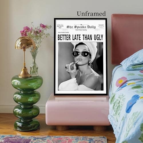 Better Late Than Ugly Canvas Wall Art, Trendy Black and White Newspaper Poster Print, Funny Women Empowerment Feminism Wall Decor, Preppy Girls Beauty Room Makeup Room Picture 12x16in Unframed thumbnail 2